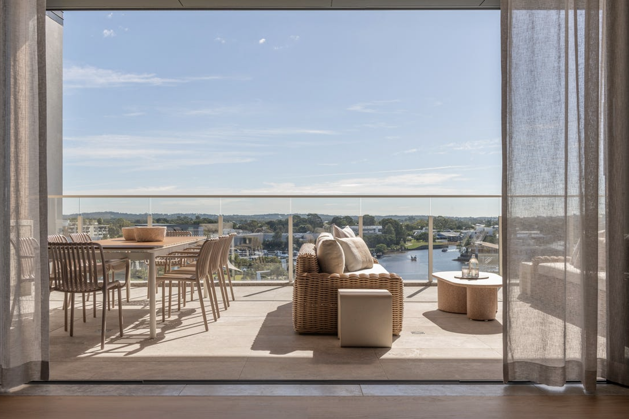 penthouse outdoor furniture with dining and lounge settings, property styling by blink living